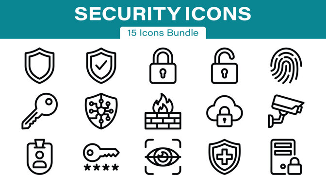 Security Outline Icons Line Art Cybersecurity Vector Icon Bundle Set of 15 SVG Clipart for Cricut Stickers Laser Cut and Commercial Design