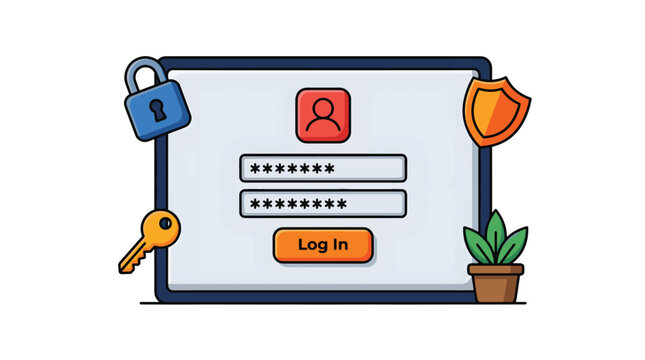 Digital security illustration showing a login screen with password fields, a key, and a padlock for account protection