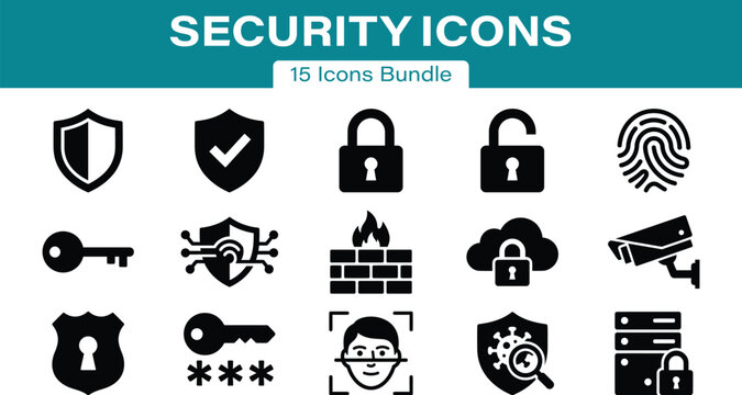 Security Solid Black Silhouette Icons Bundle Set of 15 Cybersecurity Vector SVG Clipart for Cricut Stickers Laser Cut and Commercial Design