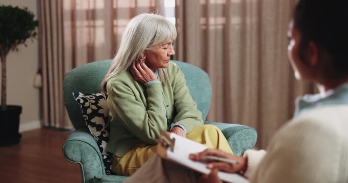 Clipboard, stress and psychologist with senior woman in office for coping mechanisms on trauma. Talking, help and therapist with elderly person for mental health evaluation for support in clinic.