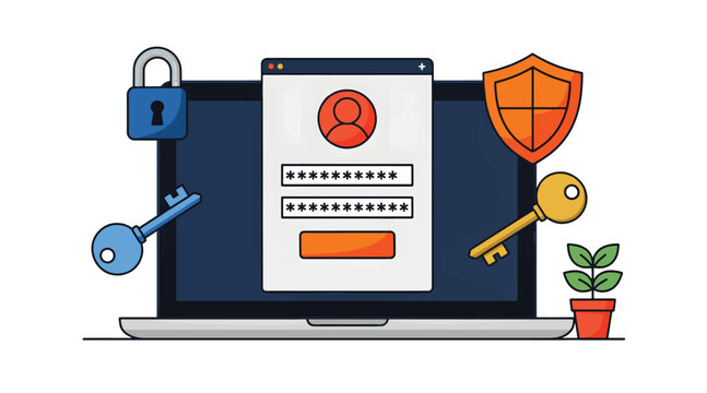 Digital privacy illustration showing a secure login screen on a laptop with padlock and keys for data protection concept