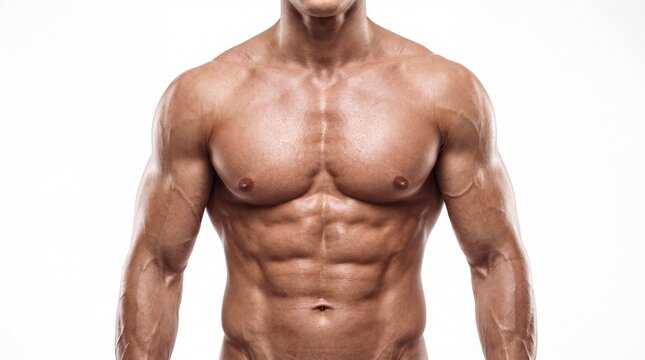 A muscular man with a chiseled torso and defined abs stands confidently in front of a white background