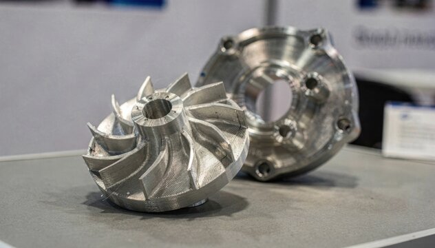 Medium shot of metallic 3Dprinted pump impeller and casing assembly showcasing precision engineering and durable additive manufacturing techniques on a professional display table.