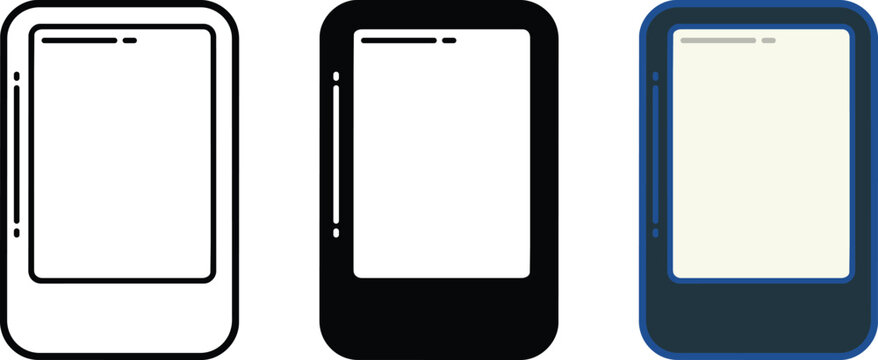Electronic book reader and tablet screen icons in three different style variations including thin line art, solid black