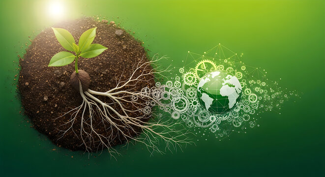 Plant roots growing with abstract brain illustration