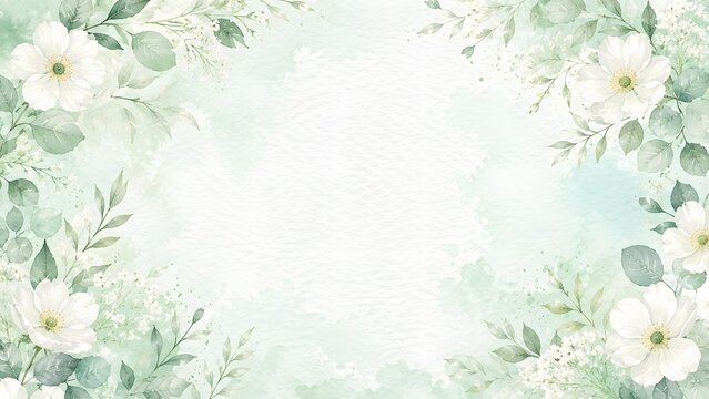 Watercolor floral background with white flowers and green leaves, elegant botanical frame for wedding invitation or greeting card