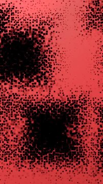 Vertical 2k minimalist abstract background animation loop featuring red pixelated/scattered cube patterns transitioning with dense black noise and digital grain aesthetics