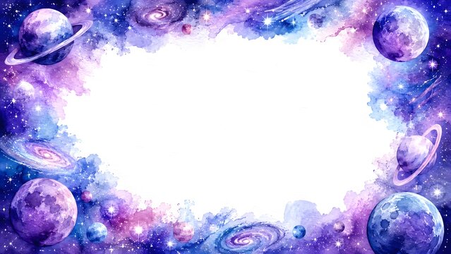 Watercolor space background with planets and galaxies, celestial frame with stars and nebula, cosmic border with purple and blue galaxy elements