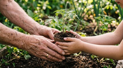 Fototapeta premium Generations planting a seedling together in a garden, symbolizing growth and continuity