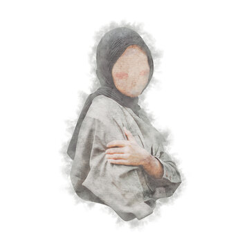 Trendy Watercolor Hijab Woman Portrait PNG with Soft Feminine Aesthetic Design