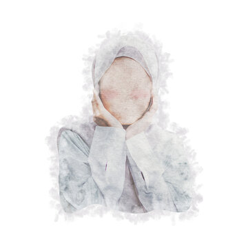 Lovely Pastel Muslim Woman Face Watercolor Clipart with Transparent Background