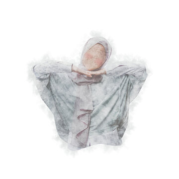 Adorable Muslim Girl Wearing Hijab Watercolor Clip Art in Pastel Colors