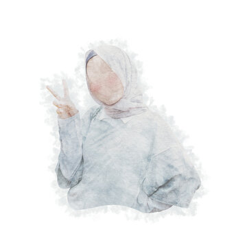 Elegant Islamic Female Portrait Watercolor PNG Element with Transparent Background