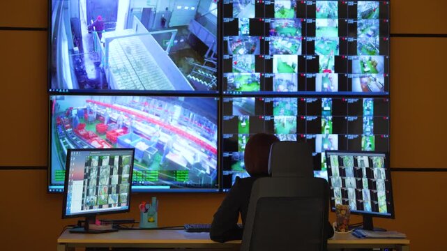 Security operator watching multiple video surveillance screens in a command center