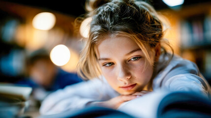 Obraz premium Close-up portrait of a girl reading an open book in a library, symbolizing education, literature, study and focused learning
