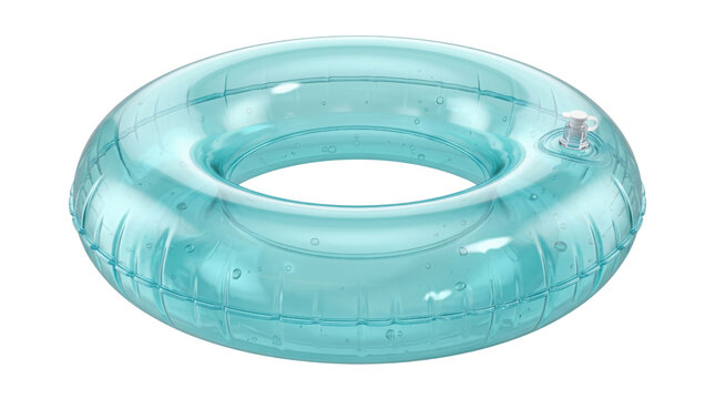 Transparent turquoise inflatable swim ring, teal plastic pool float for summer leisure, clear rubber water tube isolated on white background