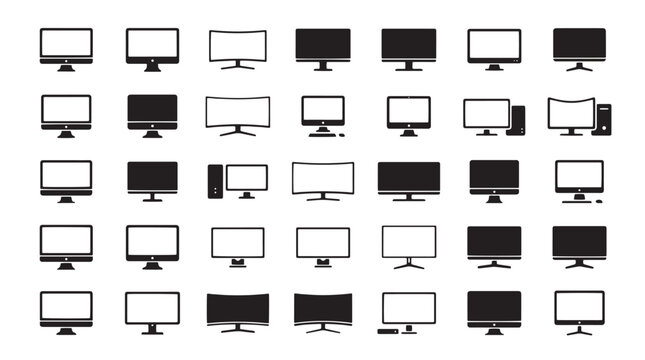 Computer monitor icons set, 35 desktop screen vector symbols, flat black and white display silhouettes for office technology and gaming hardware