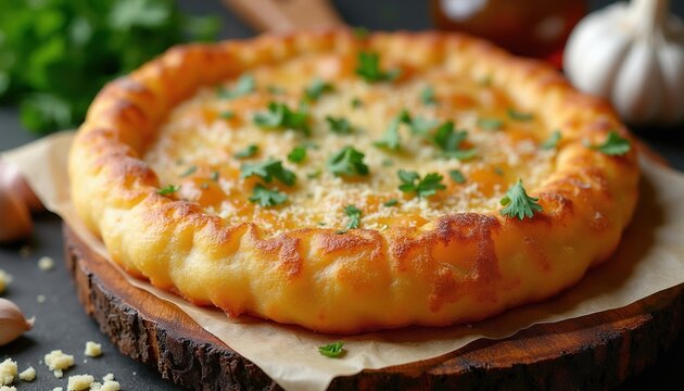 Hungarian langos served hot with cheese and parsley garnish. Deep fried dough bread is a popular street food snack. Garlic bulbs visible nearby suggest savory flavor.