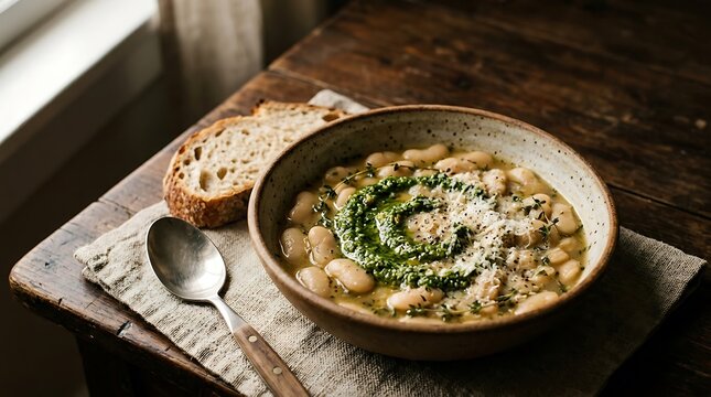 Rustic bowl of white bean soup topped with green pesto swirl, served with crusty bread on a dark wooden table