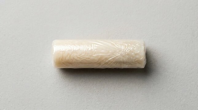 A small roll of transparent plastic cling wrap film on a gray background.