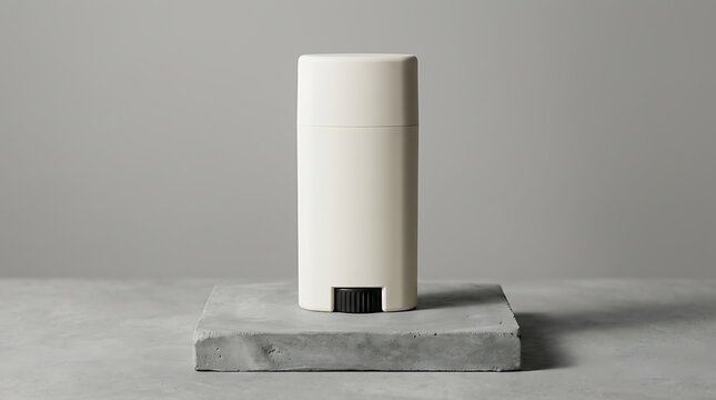 Minimalist deodorant stick mockup on a stone pedestal with a neutral gray background