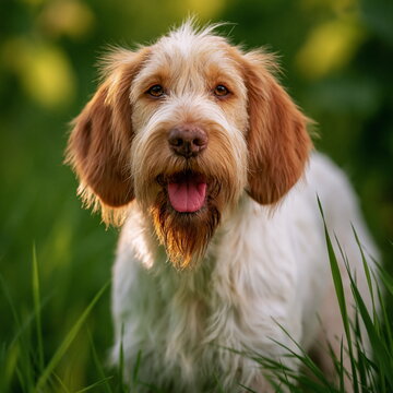 Energetic Spinone Italiano Dog Playfully Standing Amidst Lush Green Grass Under Bright Sunny Sky, Radiating Joy and Loyalty