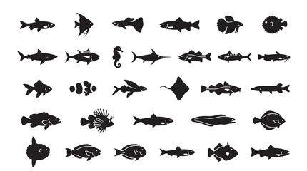 Black fish silhouettes collection, set of 30 aquatic animal icons, marine life vector shapes for fishing and oceanography design © khadija