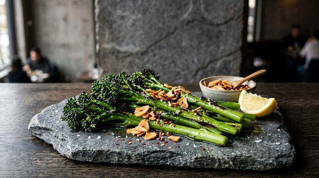 Saut&eacute;ed tenderstem broccoli topped with golden garlic chips and served with a lemon wedge on a stone platter.