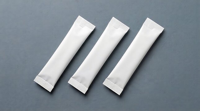 Three blank white paper stick sachets arranged on a grey background for packaging mockup
