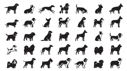 Dog breed silhouettes collection, 35 black canine icons set, minimalist pet animal vector graphics, purebred dog profile symbols for veterinary branding © khadija
