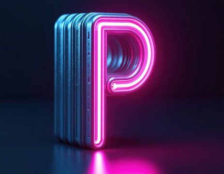 Neon letter P glowing with pink light in dark background. Futuristic metal alphabet sign features modern tube design. Electronic sign display shines with blue ultraviolet reflection. Digital 3d
