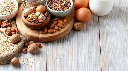 Fototapeta premium Healthy Breakfast Ingredients Arranged on a Clean Wooden Table With an Empty Space for Text and a Realistic Look