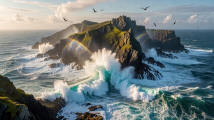 Obraz premium Rocky island cliffs being pounded by waves in ocean