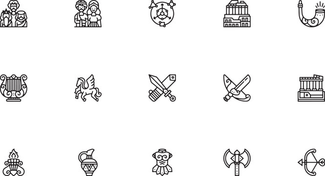 Greek Mythology icon set illustrating legendary ancient tales featuring brave gladiator warriors crossed battle swords classic laurel wreaths and grand temples outline