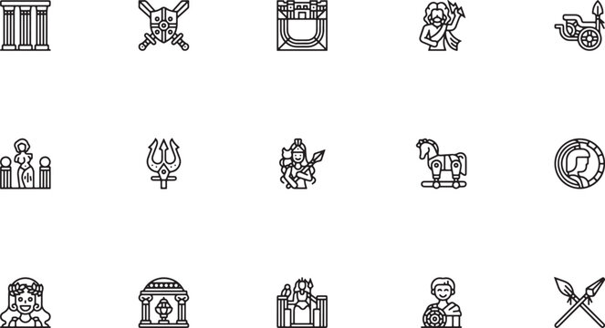 Greek Mythology icon set showcasing classic ancient history featuring mythical tridents wise philosophers traditional amphora vases and majestic pegasus horses outline