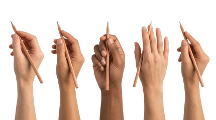 Diverse hands holding pencils in various positions isolated on black © Ivan