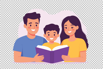 Fototapeta premium Happy family reading book together isolated on transparent background
