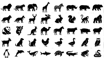 Animal Silhouette Icon Set with Wild Farm Pet and Marine Animals Vector Collection © Md
