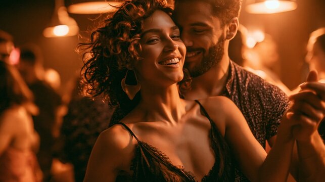 Joyful Latin Partners Dance Salsa in a Stylish Club With Expressive Moves and Strong Eye Contact During an Energetic Night Out