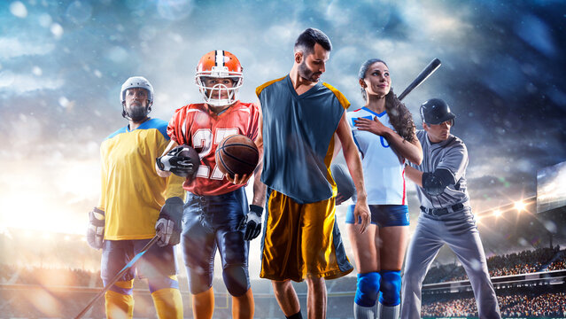 A multi-sport collage depicting various sports and hobbies. Athletes in a beautiful, large stadium full of fans. A collage of several sports. Collage