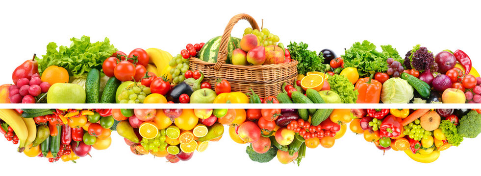 Wide panoramic photo fruits, vegetables, berries for your layout isolated on white
