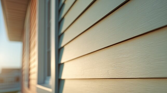 Close up of vinyl siding panel on a home exterior with window trim, showing modern installation, weather protection, and clean residential finish.