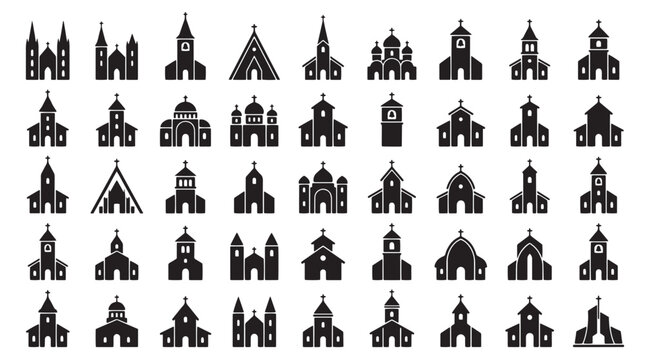 Religious church building icons set, 45 black silhouette cathedral and chapel vector elements, christian architecture symbols for map navigation and web design