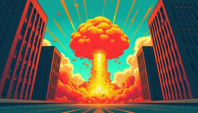 Retro comic book style illustration shows massive orange explosion between city skyscrapers. Bright fire blast mushroom cloud rises above urban street. Vibrant colorful art design dynamic danger