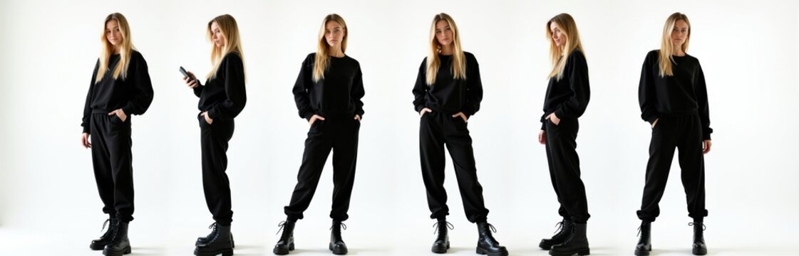 Young woman poses in black tracksuit and boots on white background. Multiple views show casual style and confident stance for fashion or lifestyle themes.