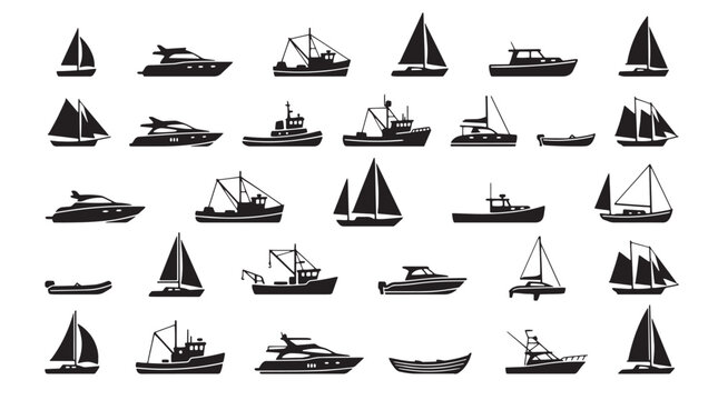 Nautical boat silhouettes set, black ship icons collection, 30 maritime vessel vector elements, sailing yacht and fishing boat graphics for marine design