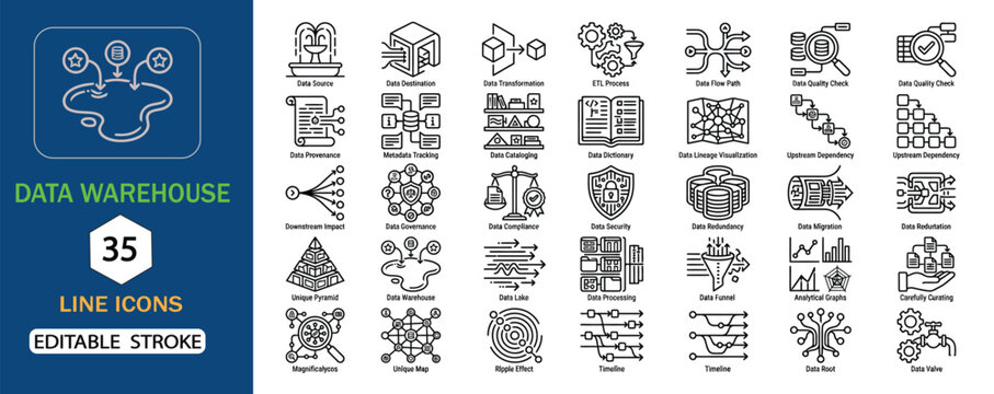 Data Warehouse Line Icons With Editable Stroke Vector Illustration