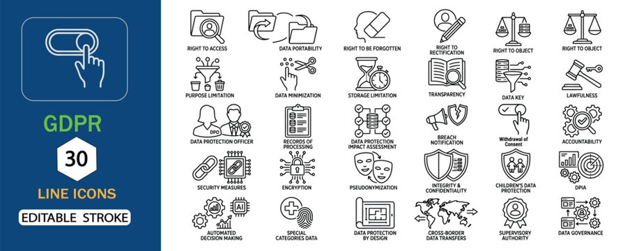 Gdpr Line Icons Set Editable Stroke Vector Illustration