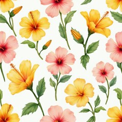 Fototapeta premium Watercolor hibiscus flowers in pink, yellow form seamless pattern on white background. Tropical plants with green leaves, buds arranged closely, creating charming, delicate botanical design for