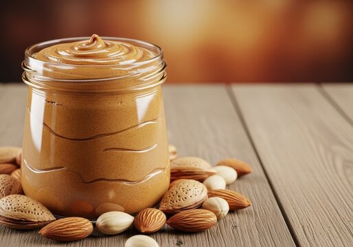 A close-up shot of smooth, creamy almond butter inside a glass jar, surrounded by raw whole nuts on a rustic wooden tabletop background, spread, culinary, delicious